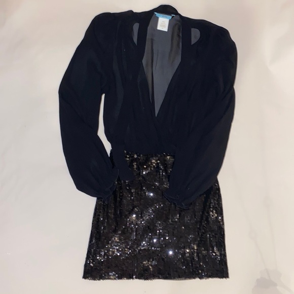 Marciano Sequined and Sheer Long Sleeve Mini Party Dress - Picture 3 of 13